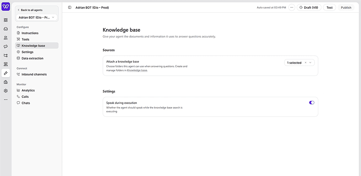 Whippy AI agent knowledge base settings showing an option to speak while searching for information to answer questions accurately