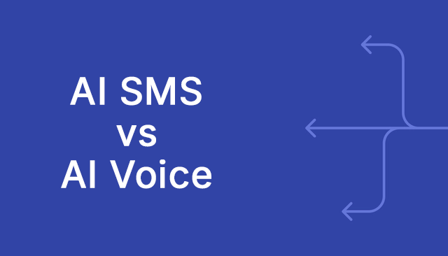 Blue background graphic with the text ‘AI SMS vs AI Voice’ and abstract directional arrows on the right side suggesting comparison or decision paths.