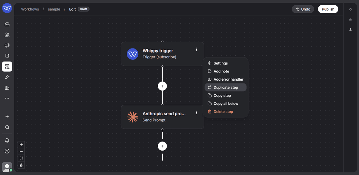 Whippy Workflow Builder step menu showing "Copy all below" option to copy a workflow branch starting from the Whippy trigger step
