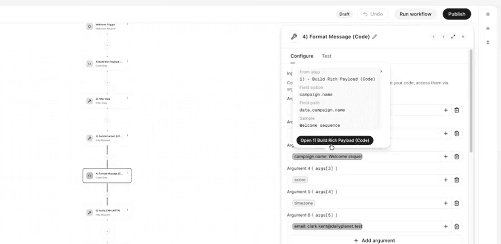 Workflow builder formatting a campaign message with dynamic fields from a rich payload, including campaign name, score, timezone, and email