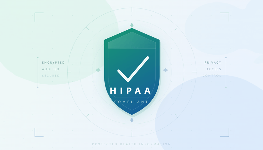 HIPAA compliant security shield illustration representing encrypted, audited, and secure healthcare data with privacy and access control for protected health information.