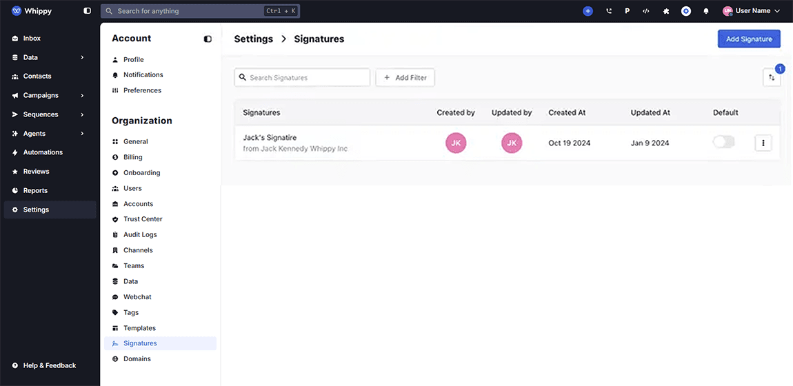 Whippy dashboard showing Settings → Signatures page, where users can manage email signatures, includes a list view with “Jack’s Signature,” creator and update details, timestamps, default toggle, search bar, filters, and an “Add Signature” button, alongside a left sidebar with account and organization settings.