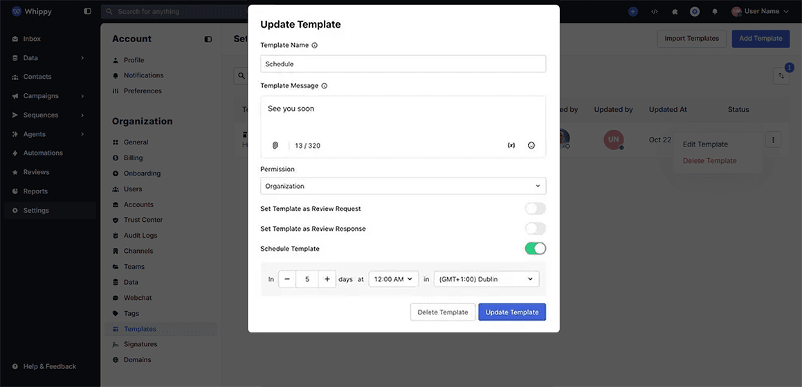Whippy dashboard showing the Update Template screen to edit a scheduled SMS message template, set permissions, and automate message delivery timing.